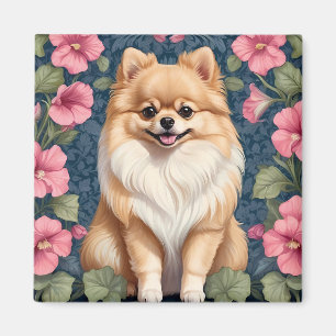 Íman Cachorro Pomerano Cachorro Com Petunias Rosa
