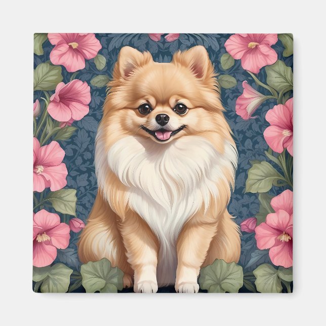 Íman Cachorro Pomerano Cachorro Com Petunias Rosa (Frente)