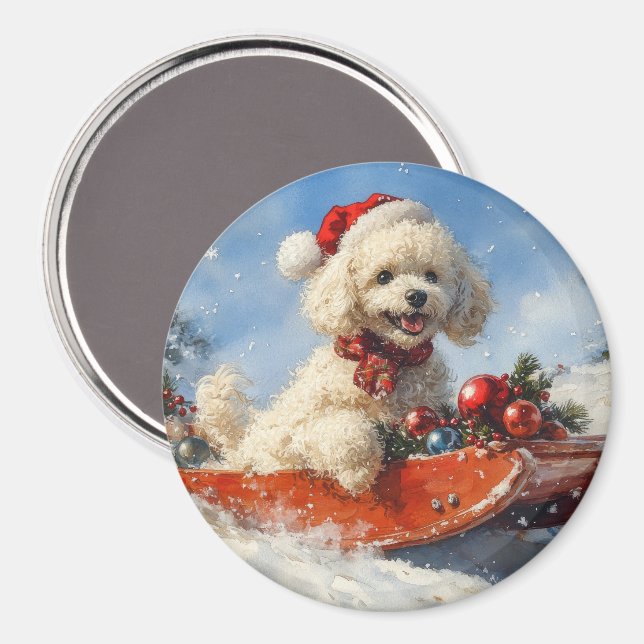 Íman Cachorro Poodle no Trenó Deixe Nevar Natal (Front/Back)
