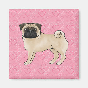Íman Cachorro Pug Fawn Cartoon Padrão de Coração Rosa d