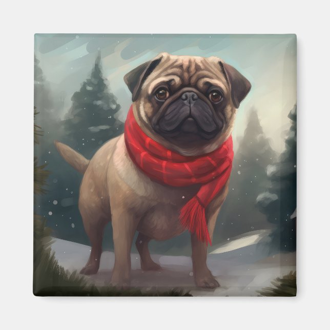 Íman Cachorro Pug na Neve Natal (Frente)