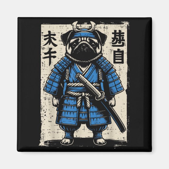 Íman Cachorro Pug Samurai Engraçado Guerreiro Japonês A (Frente)