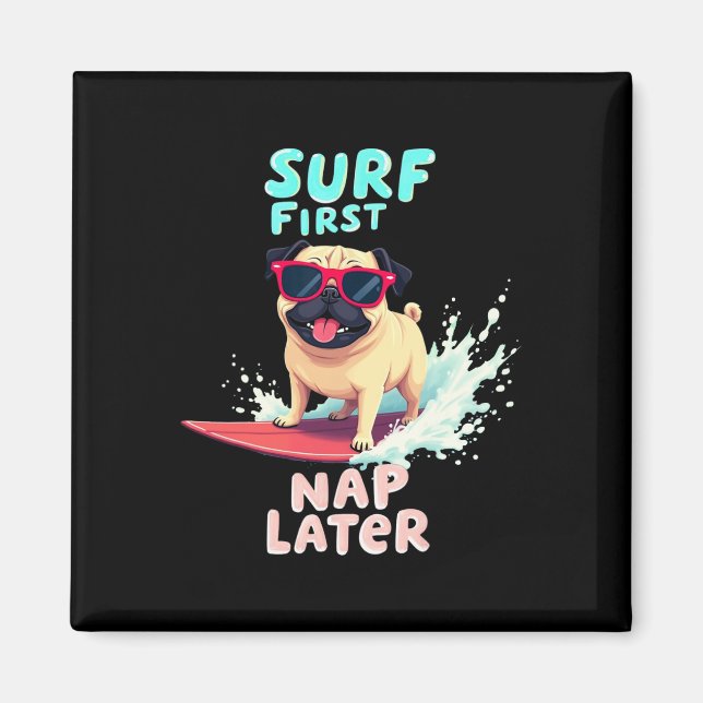 Íman Cachorro Pug Simpático Surfando  (Frente)