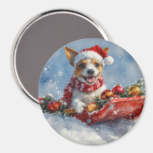 Íman Cachorro Rat Terrier no Trenó Deixe Nevar Natal