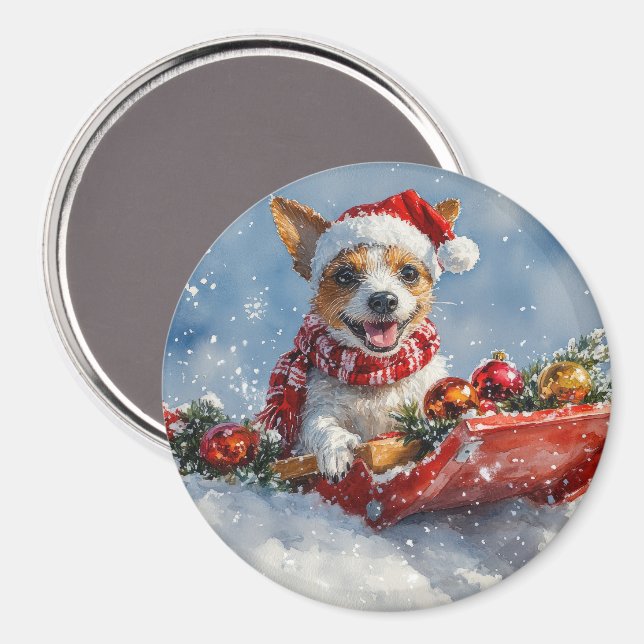 Íman Cachorro Rat Terrier no Trenó Deixe Nevar Natal  (Front/Back)