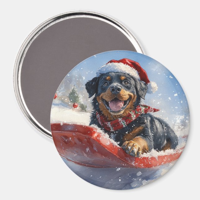 Íman Cachorro Rottweiler em Trenó Deixe Nevar Natal (Front/Back)