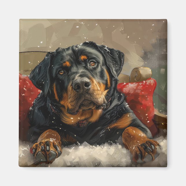 Íman Cachorro Rottweiler Festivo de Natal (Frente)