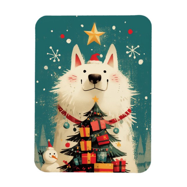 Íman Cachorro Samoyed fofo com Natal (Vertical)