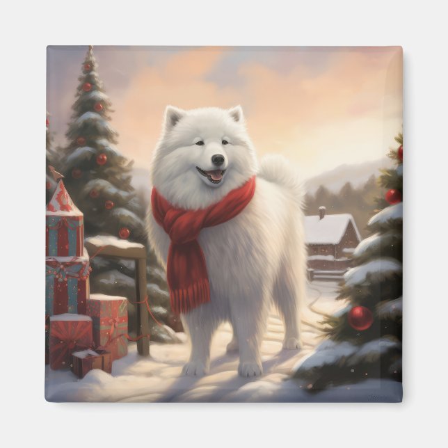 Íman Cachorro Samoyed no Natal da Neve (Frente)