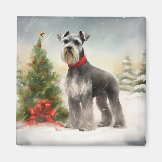 Íman Cachorro Schnauzer no Natal da Neve (Frente)