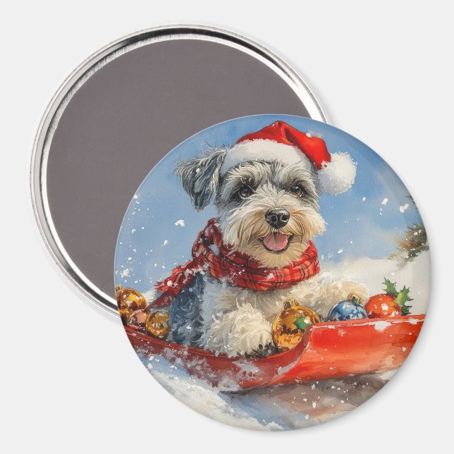 Íman Cachorro Schnauzer no Trenó Deixe Nevar Natal (Front/Back)