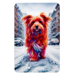 Íman Cachorro sem-teto em neve fria e noite urbana
