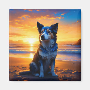 Íman Cachorro sentado em Ocean Beach no Sunset