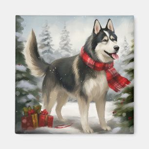 Íman Cachorro Siberiano Husky no Natal da Neve