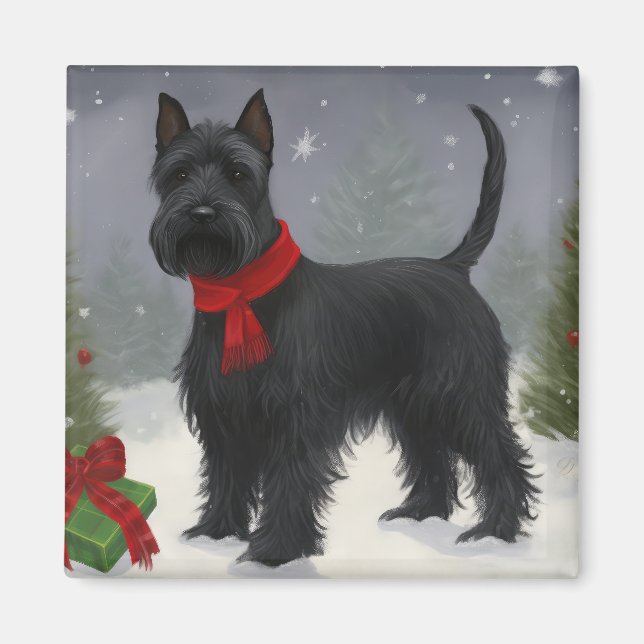 Íman Cachorro Terrier Escocês na Neve Natal (Frente)