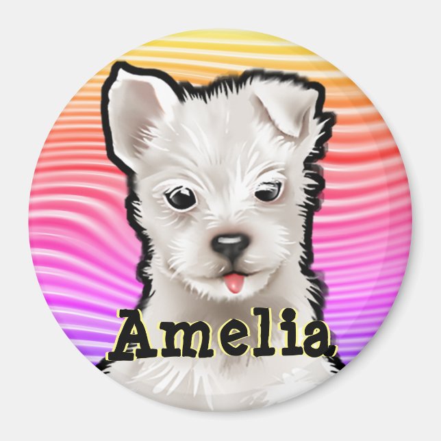 Íman Cachorros de arco-íris redondos personalizados. (Frente)