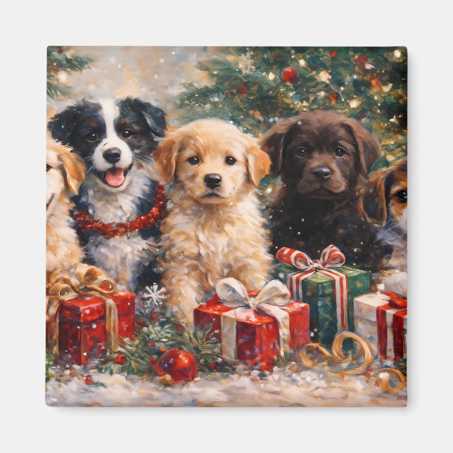 Íman Cachorros de Natal com Presentes sob a Árvore Deco (Frente)