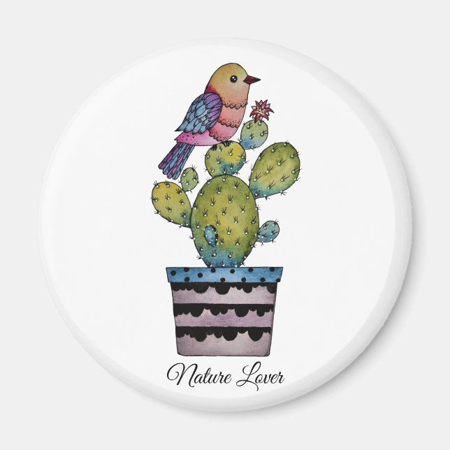 Íman Cactus E Ave Arco-Íris Em Aquarela (Frente)
