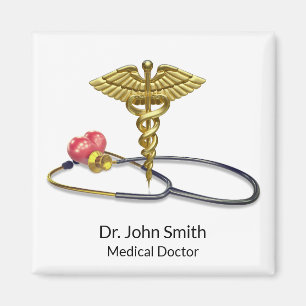 Íman Caduceu Médico Dourado & Estetoscópio com Coração
