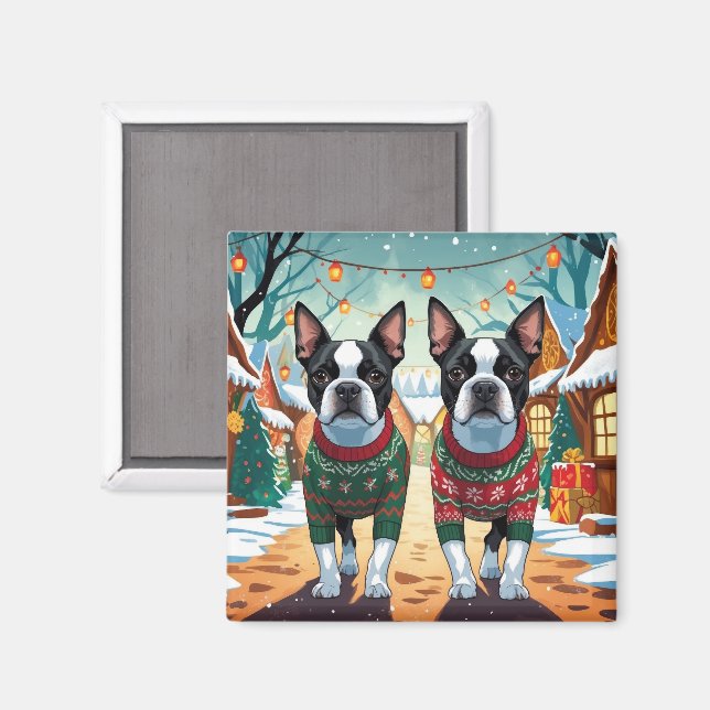 Íman Cães Boston Terrier Natal Neve Férias (Front/Back)