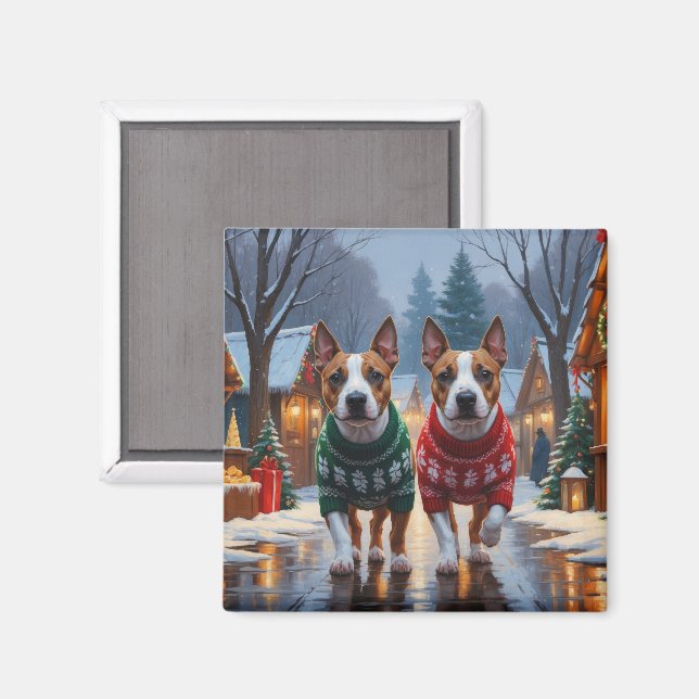 Íman Cães Bull Terrier Natal Neve Férias (Front/Back)