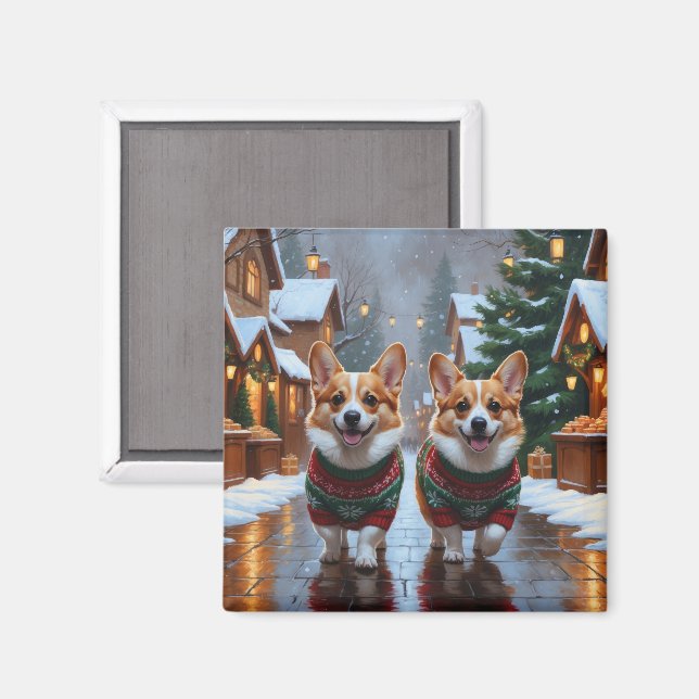 Íman Cães Corgi Natal Festa de Natal (Front/Back)