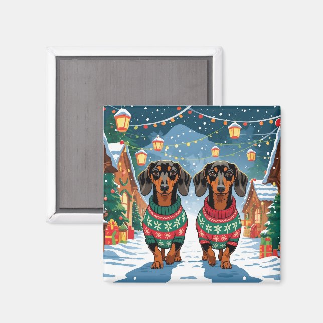 Íman Cães Dachshund Natal Neve Férias (Front/Back)