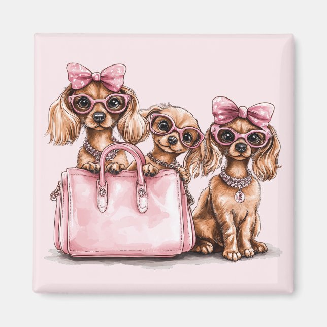 Íman Cães de Dachshund Fashionáveis, Bolsa Rosa (Frente)