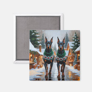 Íman Cães Doberman Natal Neve Feriado