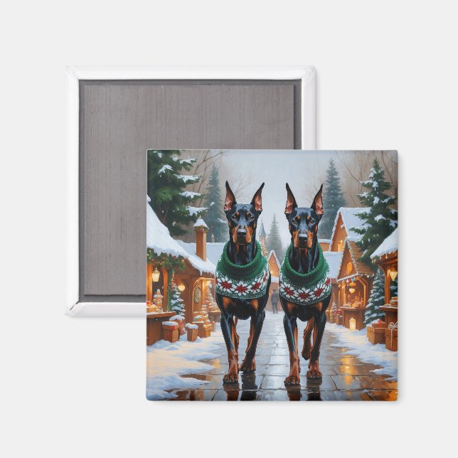 Íman Cães Doberman Natal Neve Feriado (Front/Back)