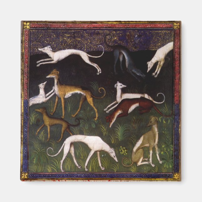 Íman Cães Greyhound Medieval na floresta (Frente)