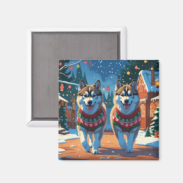 Íman Cães Malamute do Alasca Natal Neve Feriado  (Front/Back)