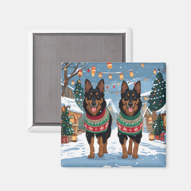 Íman Cães Malinois Belgas Natal Neve Férias  (Front/Back)