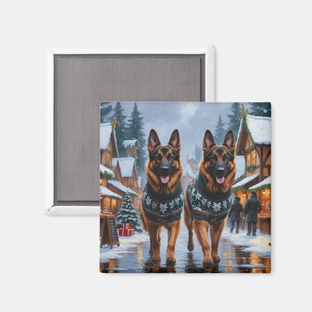 Íman Cães Pastor Alemão Natal Neve Férias (Front/Back)