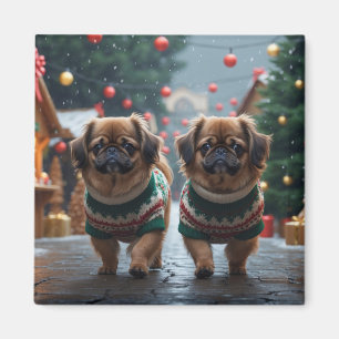 Íman Cães pequinês Natal Neve Férias
