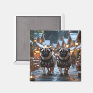 Íman Cães Pug Natal Neve Feriado
