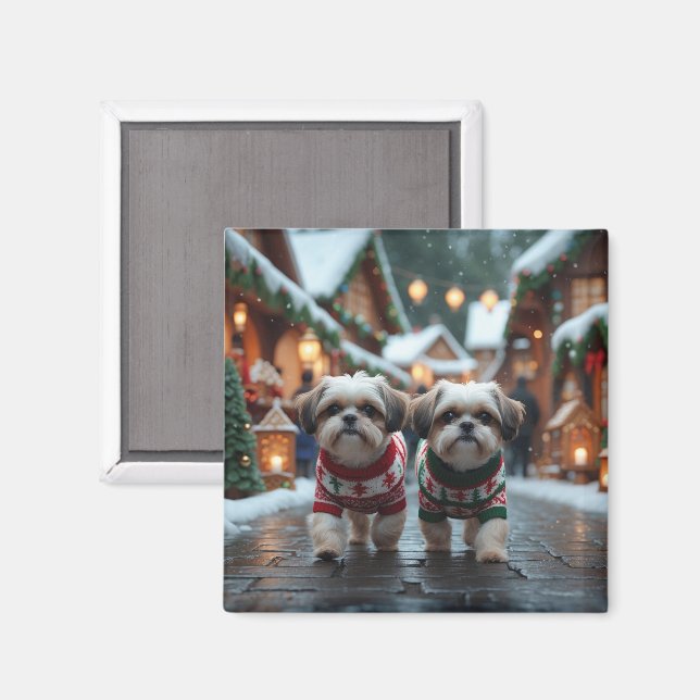 Íman Cães Shih Tzu Natal Neve Feriado (Front/Back)