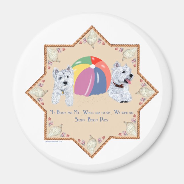Íman Cães Westies no Verão Arenoso (Frente)