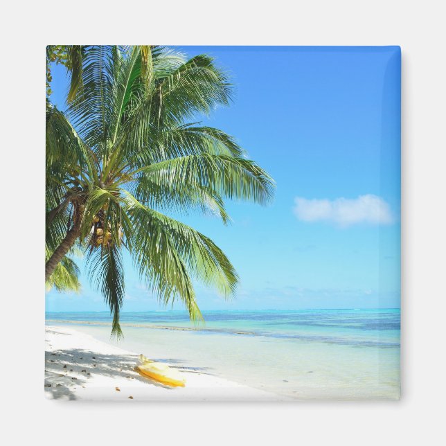 Íman Caiaque amarelo num imã de praia de areia branca (Frente)