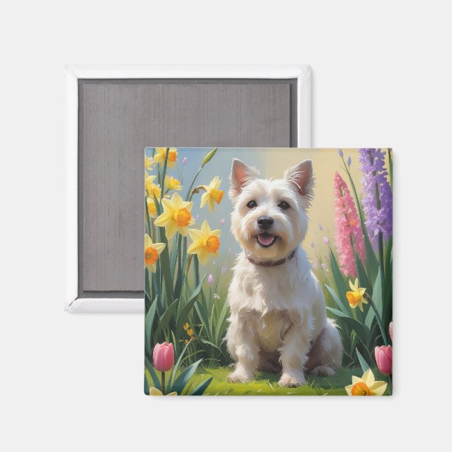 Íman Cairn Terrier Cão Pintura de Flores de Primavera (Front/Back)