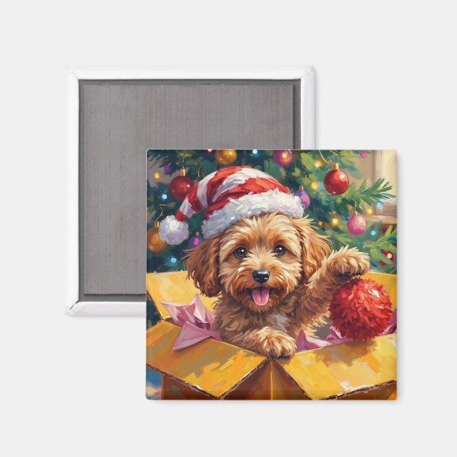 Íman Caixa Surpresa de Natal com Cachorro Cockapoo (Front/Back)