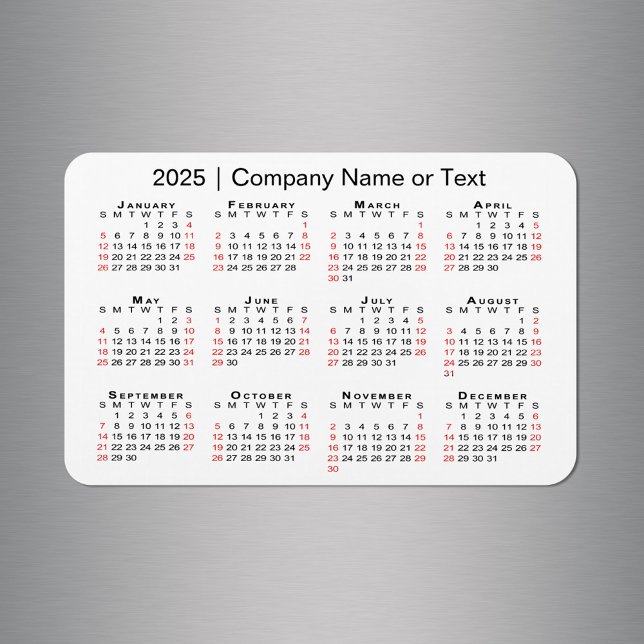 Íman Calendário 2025 com Texto Personalizado Branco Pre (2025 Calendar with Custom Text Black Red White Magnet in situ)