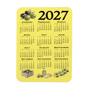 Íman Calendário 2027, Azeitonas Mediterrâneas. Amarelo