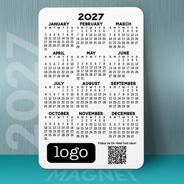 Íman Calendário 2027 com Logotipo Empresarial e Código  (2027 Calendar on a Magnet)