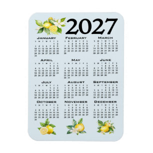 Íman Calendário 2027 Estilo Italiano Limões Fundo Azul