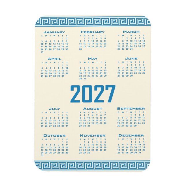 Íman Calendário 2027, Fretwork Grego, Azul em Cosmic La (Vertical)