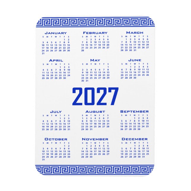 Íman Calendário 2027, Fretwork Grego, Azul Grego sobre  (Vertical)