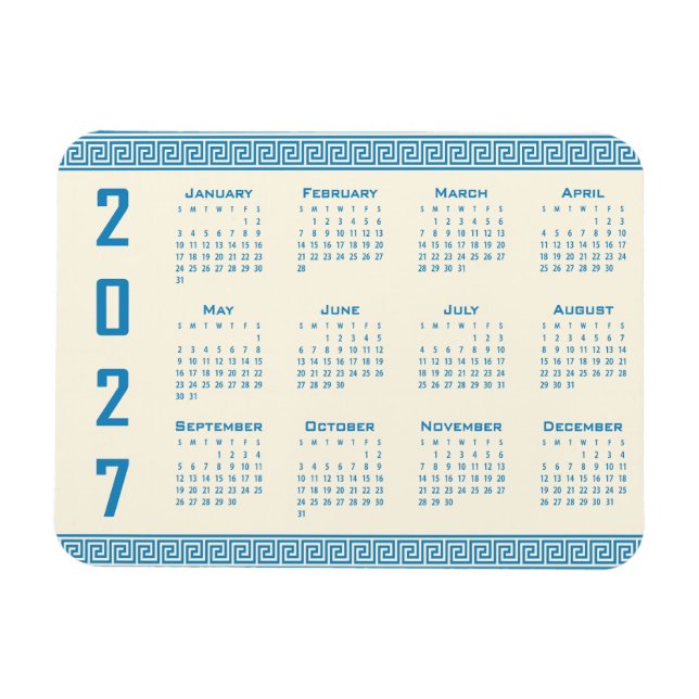 Íman Calendário 2027, Fretwork Grego, Azul no Cosmic La (Horizontal)