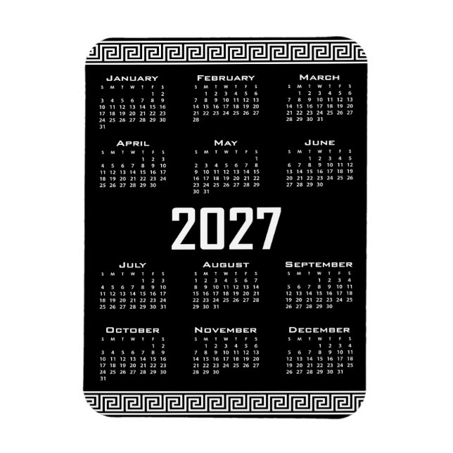 Íman Calendário 2027, Fretwork Grego, Branco no Preto (Vertical)