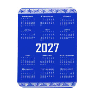 Íman Calendário 2027, Fretwork Grego, Branco sobre Azul